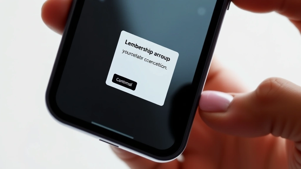 Close-up of smartphone showing mobile app interface with membership cancellation confirmation screen, clear text and buttons visible, hand holding phone, neutral background, professional product photography style