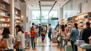 Professional retail store interior with diverse customers shopping, modern displays, natural lighting, merchandise organized on shelves and racks, clean contemporary design