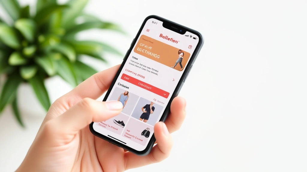 Mobile phone displaying e-commerce shopping interface with product listings, price comparison, and checkout options, hands holding device, modern minimalist aesthetic, product photography visible