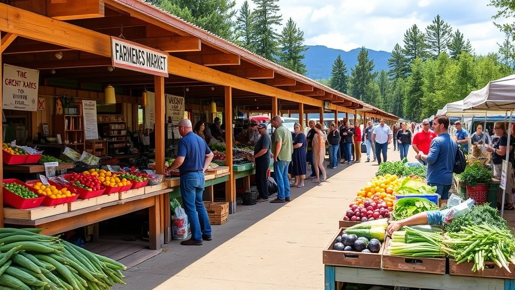 Farmers market scene with local vendors at wooden stalls, fresh produce displays, customers browsing, natural outdoor setting, community atmosphere, diverse people interacting