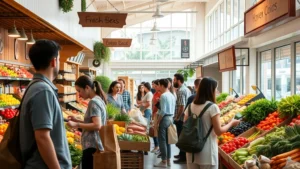 Diverse customers shopping in a bright, well-organized neighborhood market with fresh produce displays, wooden signage, and natural lighting from large windows