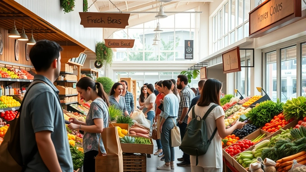 Diverse customers shopping in a bright, well-organized neighborhood market with fresh produce displays, wooden signage, and natural lighting from large windows