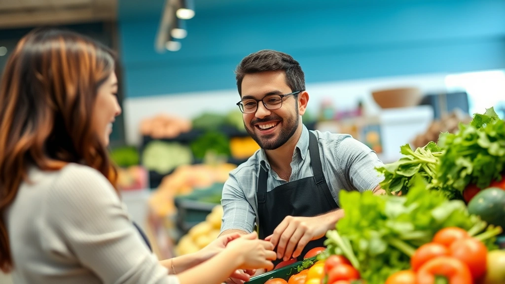 Close-up of a friendly market employee helping a customer select fresh vegetables at a produce stand, showing genuine interaction and expertise