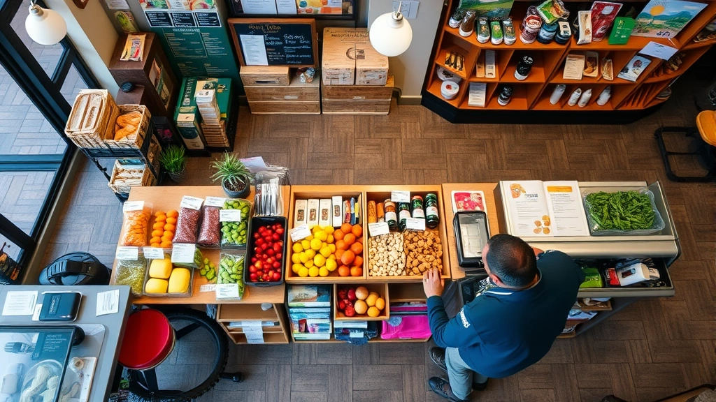 Overhead view of a local market checkout counter with various fresh items, local artisanal products, and a community bulletin board in the background