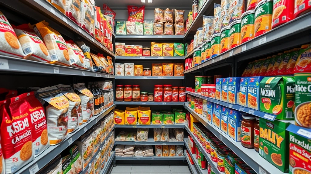 Professional grocery store shelving displaying authentic Asian dry goods including rice, noodles, sauces in organized rows with clear product visibility and proper lighting