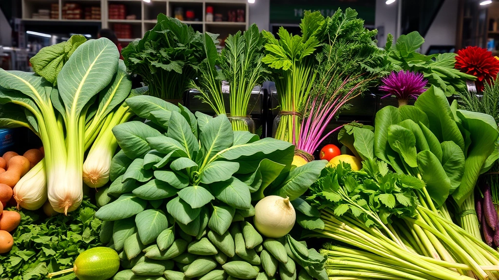 Fresh Asian vegetables and herbs displayed at market counter with professional lighting, Vietnamese produce including bok choy, bitter melon, and specialty greens