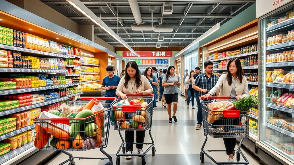 Modern grocery store interior with diverse shoppers browsing aisles, shopping carts with Asian groceries, bright lighting and organized product displays