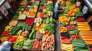 Overhead shot of diverse fresh produce arranged on wooden market stalls with customers browsing, natural daylight, busy farmers market atmosphere