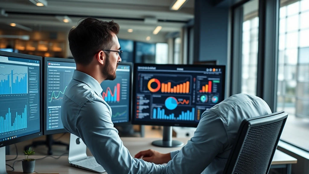 Professional market analyst reviewing data dashboards and consumer insights reports on multiple computer monitors in a modern office environment, surrounded by charts and business intelligence visualizations