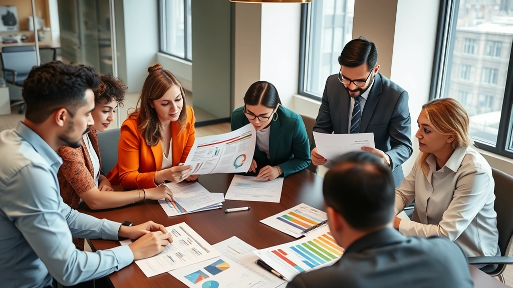 Diverse business team collaborating around a large conference table examining market research documents, customer segmentation reports, and strategic planning materials with focused concentration