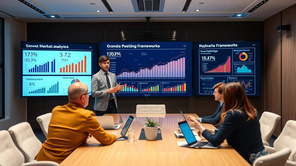Entrepreneur presenting market analysis findings to investors using interactive digital displays showing market size metrics, growth trajectories, and competitive positioning frameworks in a corporate boardroom