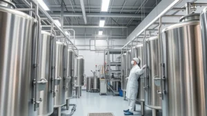 Modern fermentation facility interior with stainless steel bioreactors and laboratory equipment, scientists in protective gear monitoring production systems, bright industrial lighting, clean technology environment, high-tech dairy alternative production facility