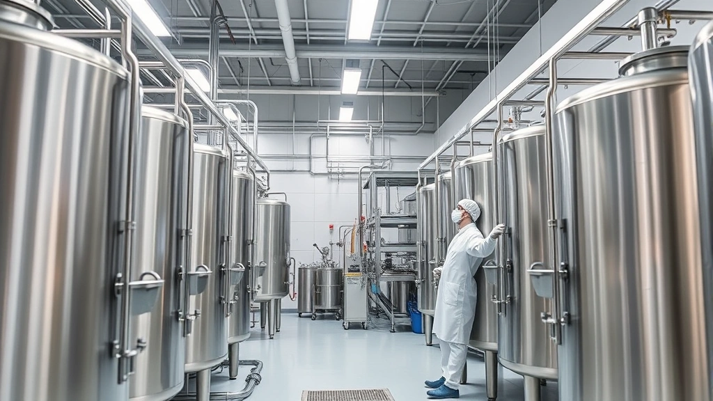 Modern fermentation facility interior with stainless steel bioreactors and laboratory equipment, scientists in protective gear monitoring production systems, bright industrial lighting, clean technology environment, high-tech dairy alternative production facility