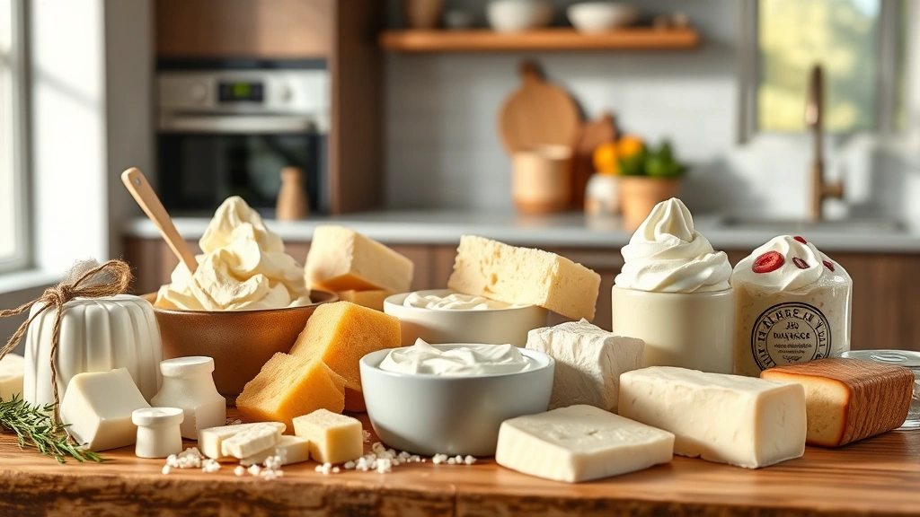 Diverse dairy products on elegant display—yogurt, cheese, ice cream—photographed in contemporary kitchen setting with natural lighting, emphasizing texture and quality, no visible labels or branding, professional food photography styling