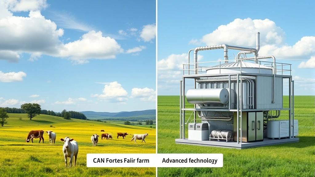 Split-screen comparison visualization: left side shows conventional dairy farm landscape with pastures and cattle, right side shows compact modern fermentation facility with advanced technology, illustrating efficiency contrast and sustainability benefits