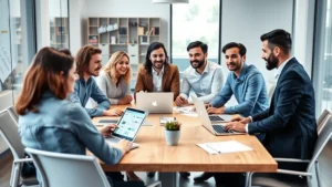 Professional team of diverse marketing specialists collaborating around a modern conference table with laptops and analytics dashboards visible, bright office environment with natural lighting, focused expressions showing strategic discussion