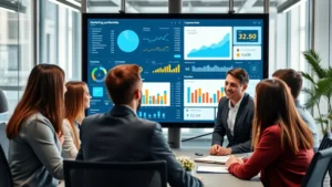 Professional marketing team collaborating around data analytics dashboard with charts and metrics displayed on large monitor, modern office environment, diverse team members reviewing performance data