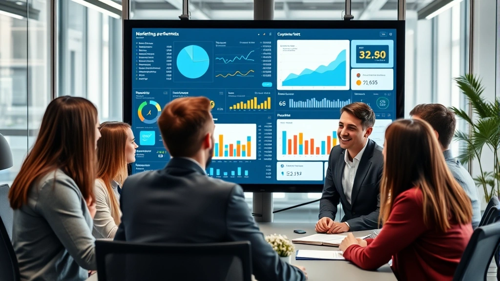 Professional marketing team collaborating around data analytics dashboard with charts and metrics displayed on large monitor, modern office environment, diverse team members reviewing performance data