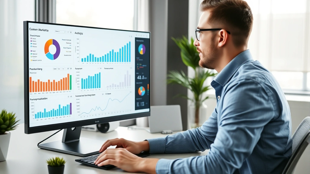 Digital marketing professional analyzing customer data on computer screen showing segmentation and personalization metrics, working with CDP platform interface, business analytics visualization