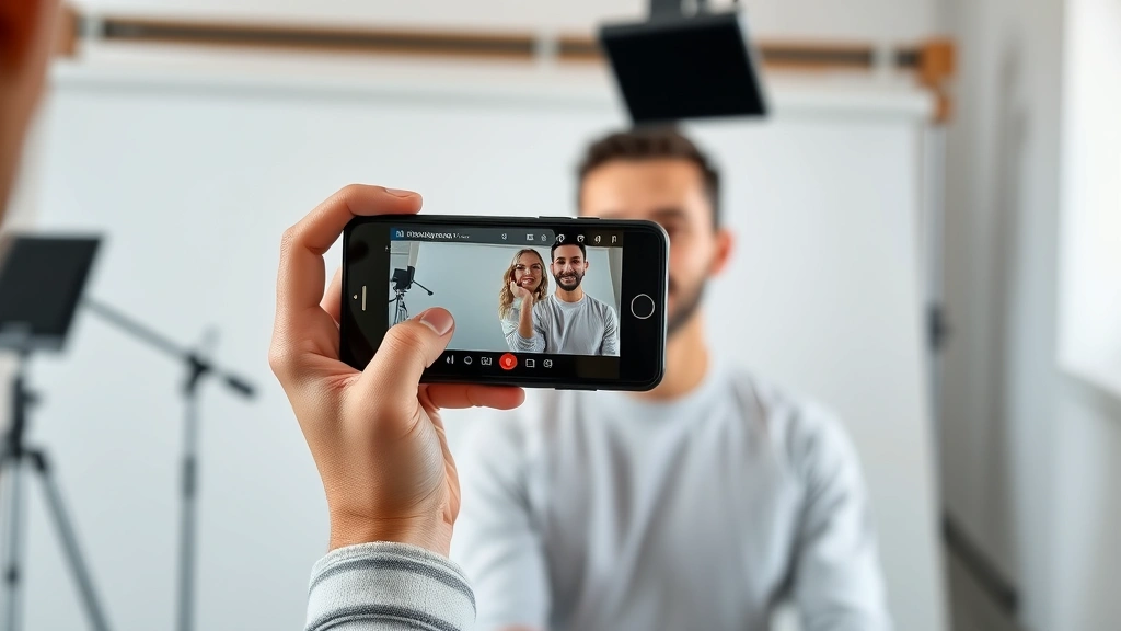 Marketing content creator filming authentic short-form video on smartphone with natural lighting, minimalist studio setup, genuine conversational pose demonstrating authentic content creation