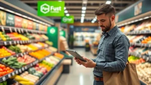 Professional grocery shopper reviewing a tablet with promotional app interface while standing in a modern supermarket aisle surrounded by fresh produce displays and promotional signage
