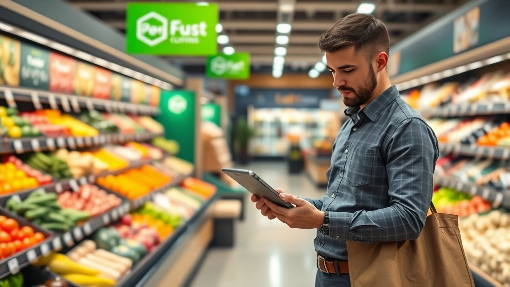 Professional grocery shopper reviewing a tablet with promotional app interface while standing in a modern supermarket aisle surrounded by fresh produce displays and promotional signage