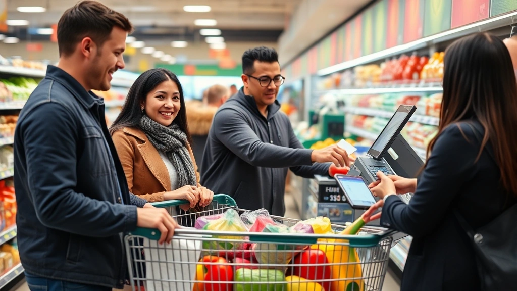 Diverse family at checkout counter with full shopping cart during a busy grocery store day, cashier scanning items while loyalty card reader displays savings amount
