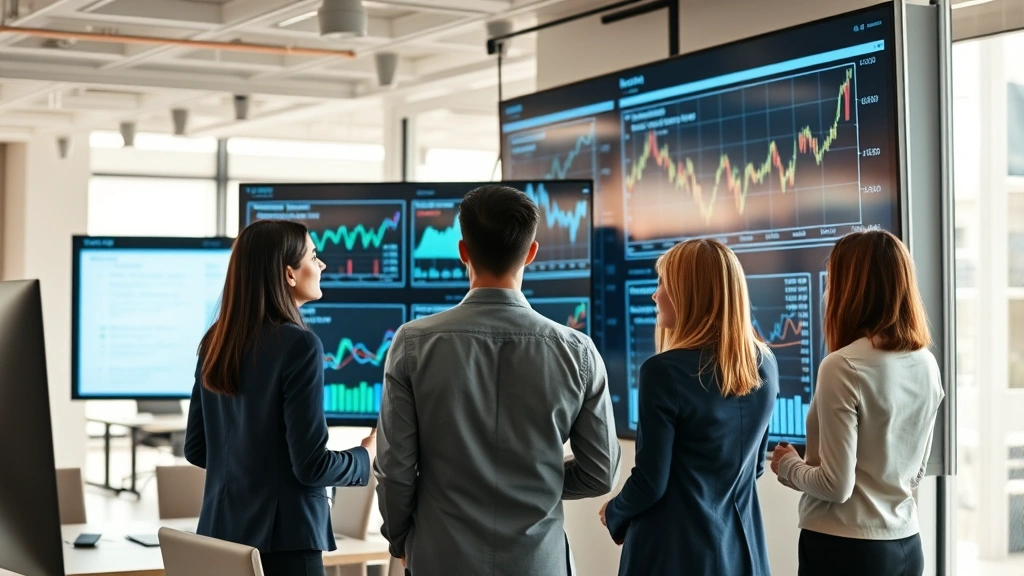 Professional business team analyzing market data on large digital screens in modern office, charts and graphs visible, collaborative atmosphere, natural lighting, contemporary workspace