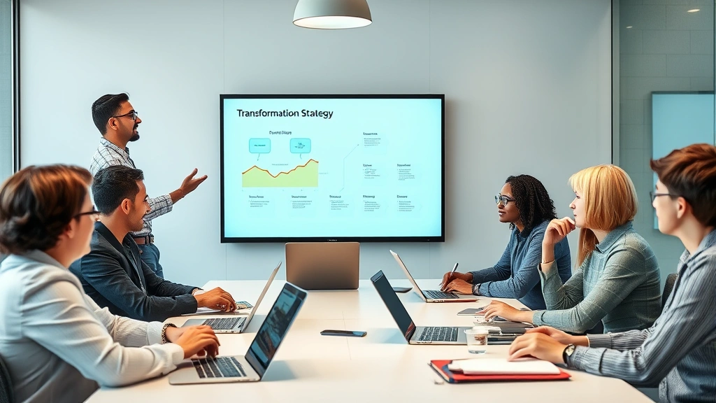 Sales professional presenting transformation strategy to engaged diverse team around conference table, laptops and tablets visible, energetic discussion, modern corporate setting, natural expressions
