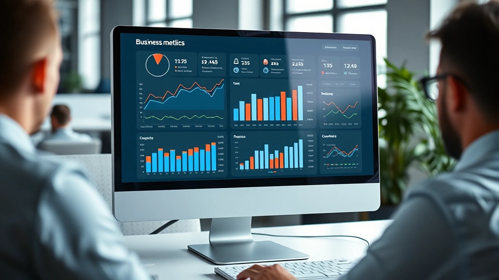 Business metrics dashboard on computer monitor showing growth charts, analytics, and KPIs, clean modern interface, professional office environment, focused work station, technology-forward