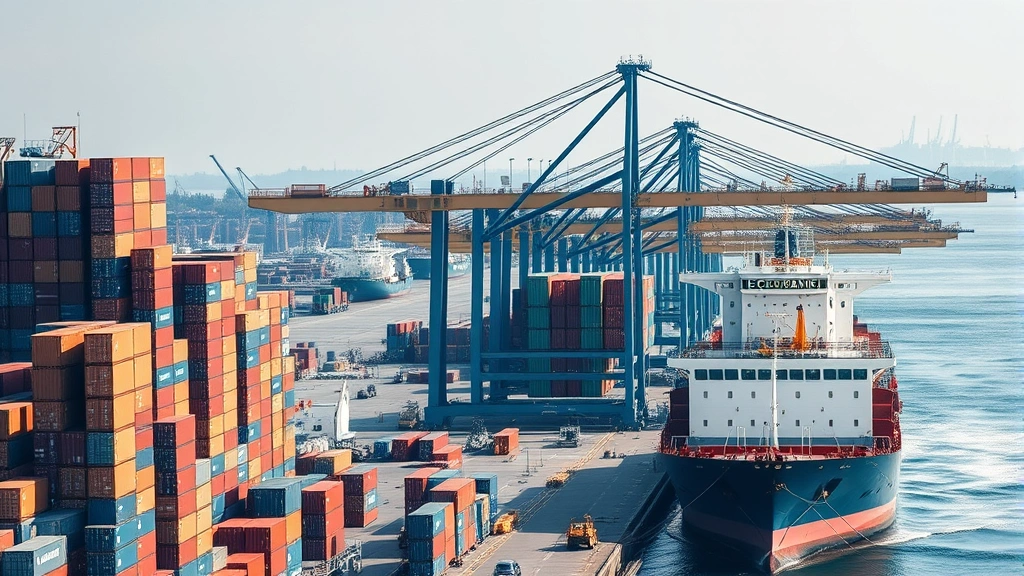 Bustling international port with shipping containers stacked high, cargo ships at dock, cranes loading containers, modern port infrastructure, daytime, photorealistic, wide angle view showing scale of operations