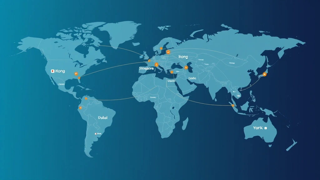 Global supply chain network visualization showing interconnected cities with cargo routes, shipping lanes, and logistics hubs highlighted across world map, modern business illustration style, showing Hong Kong Singapore Dubai London New York