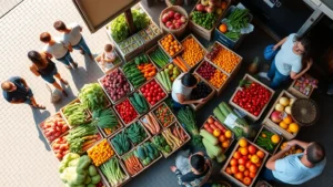 Overhead view of farmers market vendor booth displaying fresh colorful produce arranged in wooden crates and baskets, customers browsing and selecting items, natural morning sunlight