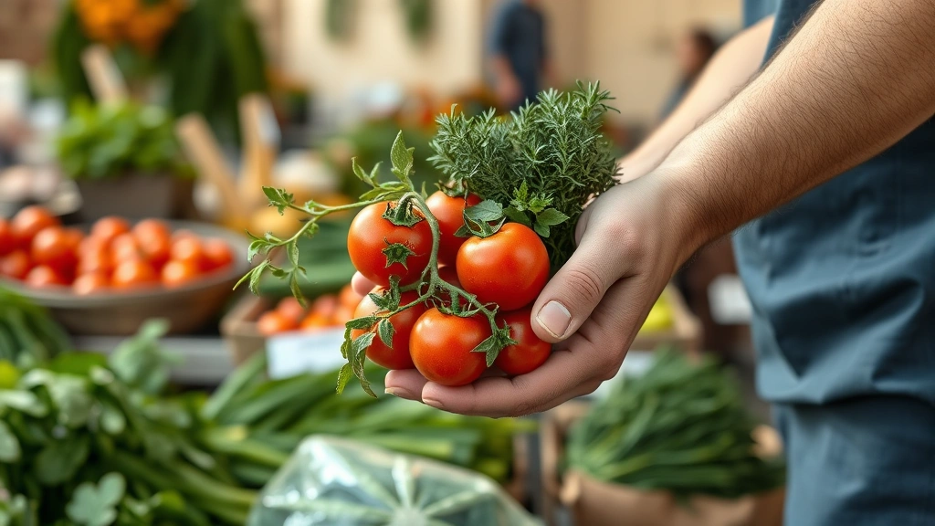 Close-up of farmers market vendor hands holding organic tomatoes and fresh herbs, customer in background selecting produce, realistic market setting with neutral background