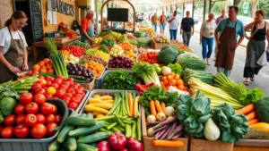 Overhead shot of diverse fresh farmers market produce arranged on wooden display tables with farmers behind the counter wearing aprons, natural morning light, bustling market atmosphere, shoppers in background selecting vegetables