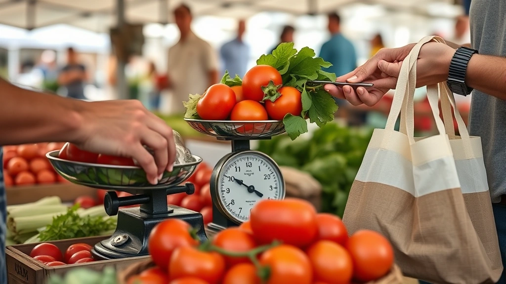Close-up of farmers market vendor hands weighing fresh tomatoes and leafy greens on vintage scale, customer holding reusable bag, cash exchange visible, outdoor market setting with tent canopy, authentic commerce moment