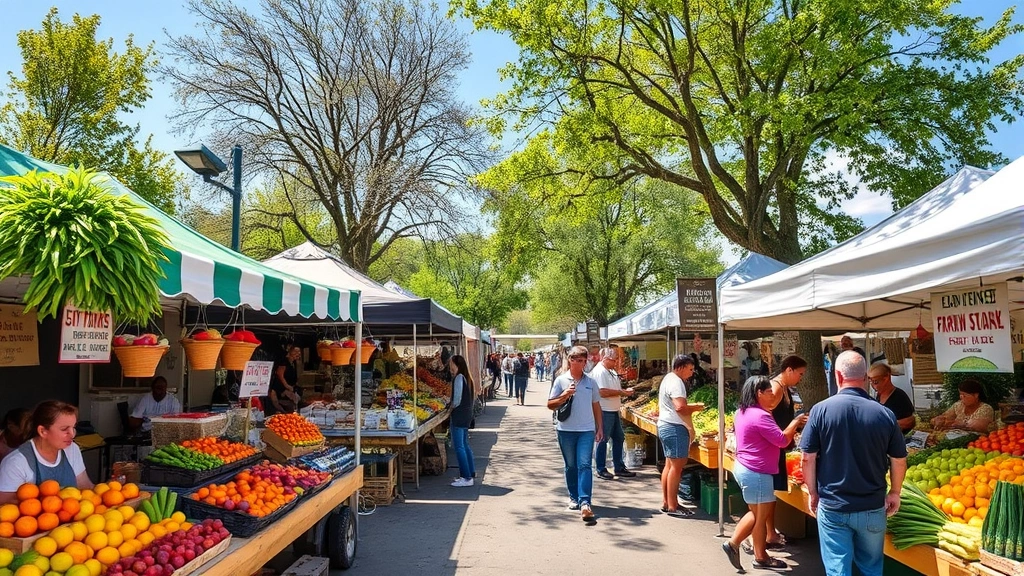 Wide angle farmers market scene showing multiple vendor stalls with colorful seasonal produce, shoppers browsing, community gathering space, trees and outdoor setting, diverse products displayed, sunny day, vibrant local commerce