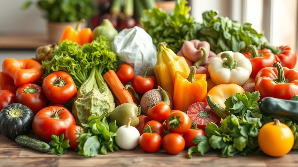 Fresh organic produce including colorful vegetables and fruits arranged on a wooden table with soft natural lighting, emphasizing quality and freshness without any text or labels visible