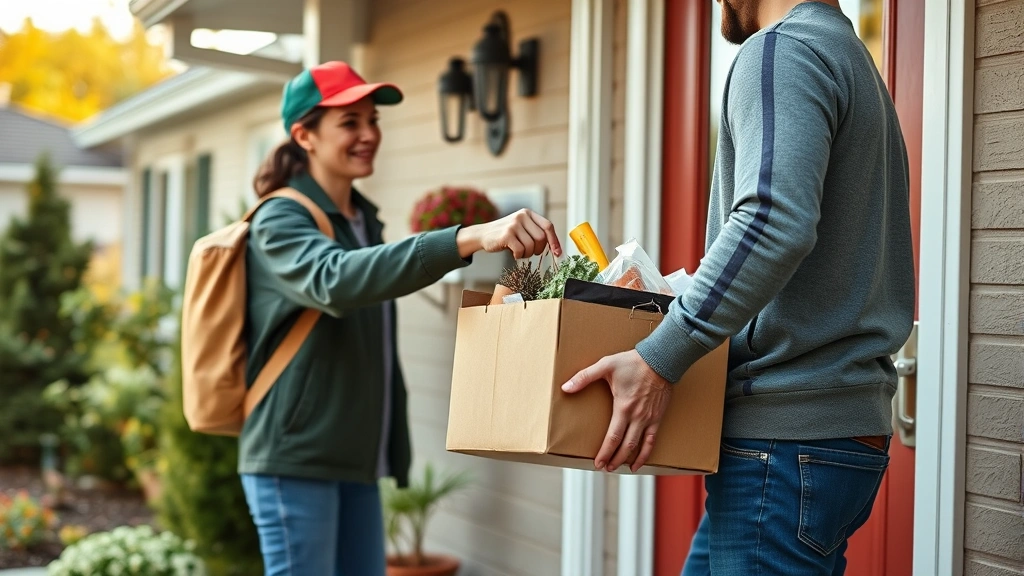 Delivery person handing over an insulated grocery box to a customer at their doorstep, showing modern logistics and convenient home delivery service in a residential setting