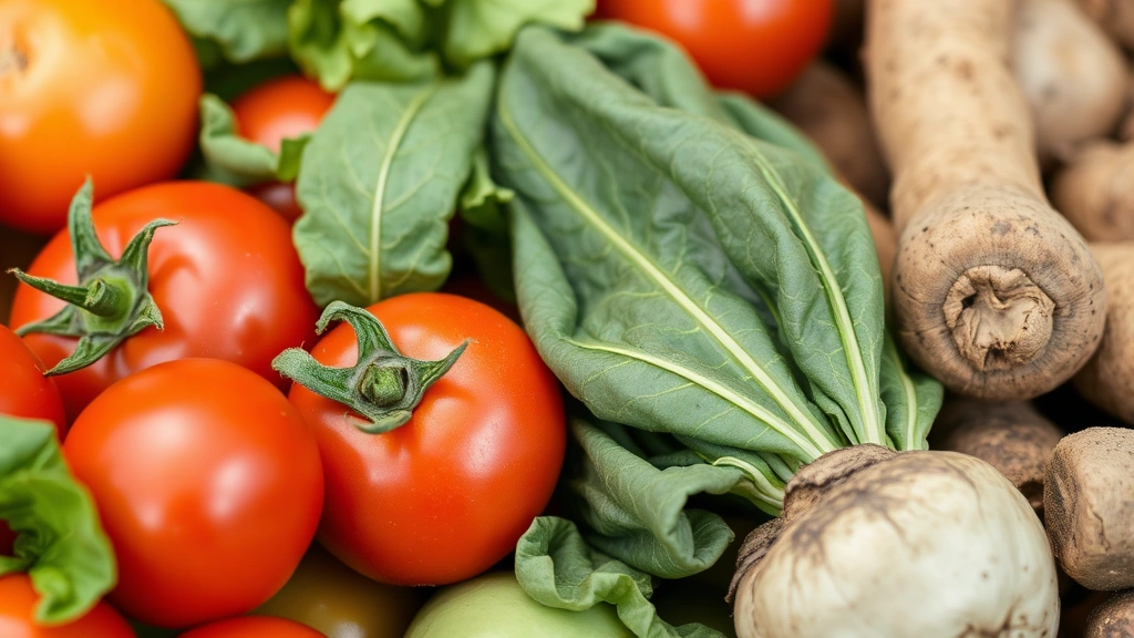 Close-up of various fresh produce items including tomatoes, leafy greens, and root vegetables with slight natural imperfections, showcasing the quality of farm-fresh groceries