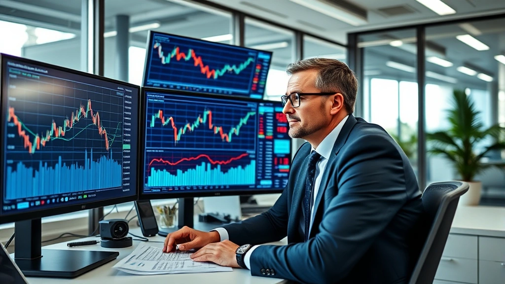 Professional investor analyzing stock market charts on multiple monitors in modern office, displaying upward and downward trending lines, focused expression, natural lighting, business casual attire, clean desk with financial documents