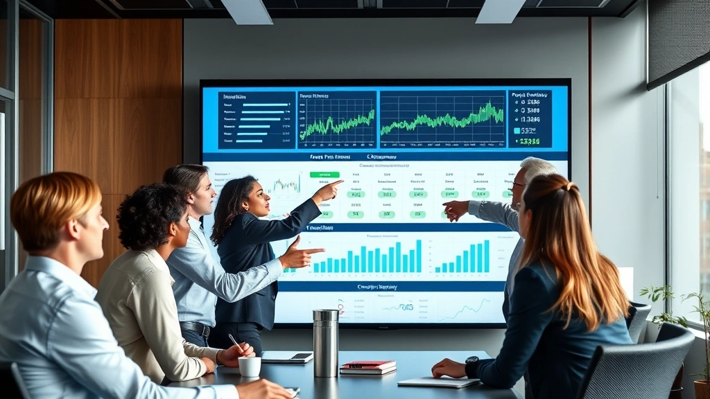 Diverse group of business professionals in conference room reviewing investment portfolio performance on large screen, pointing at data visualizations, collaborative discussion, modern corporate setting, multiple age groups represented