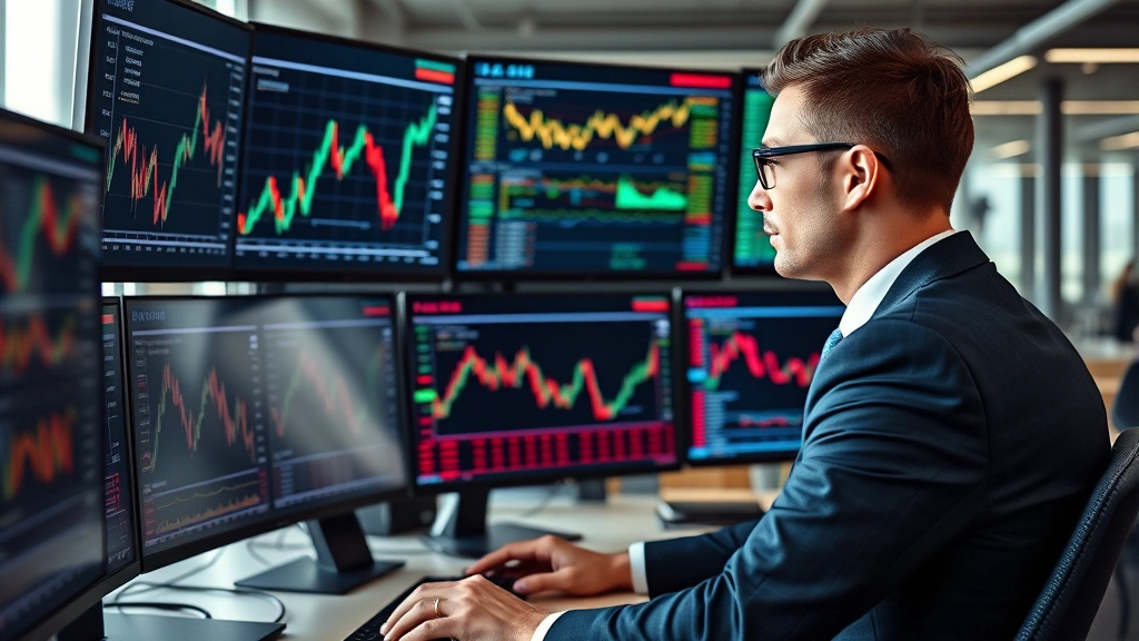 Professional investor in business suit reviewing stock market charts and economic data on multiple high-resolution monitors in modern financial office, focused concentration, contemporary workspace