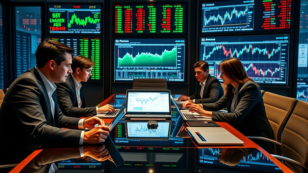 Business professionals in conference room analyzing financial reports and market trends using tablets and laptops, collaborative atmosphere, modern corporate environment with financial displays