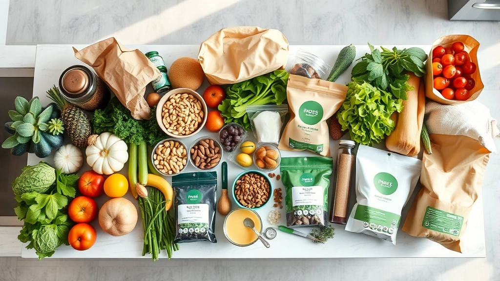 Overhead shot of diverse organic groceries including fresh produce, nuts, and eco-friendly packaged goods arranged on a modern kitchen counter with natural lighting