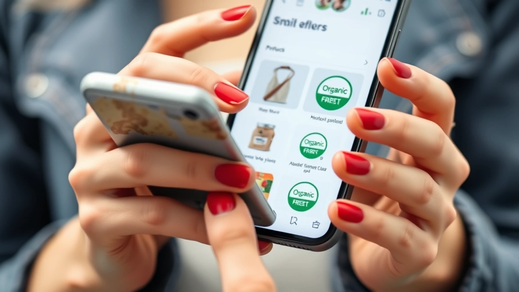 Close-up of a shopper's hands holding a smartphone displaying an e-commerce app interface with product filters and organic certification badges highlighted