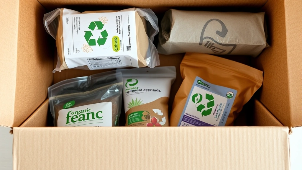 Cardboard shipping box with recyclable packing materials and organic product packaging visible inside, emphasizing sustainable delivery practices