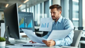 Professional business analyst reviewing sales reports and compensation data on computer in modern office environment, focused expression studying financial documents