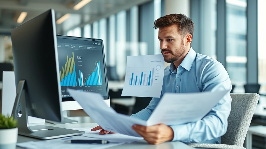 Professional business analyst reviewing sales reports and compensation data on computer in modern office environment, focused expression studying financial documents