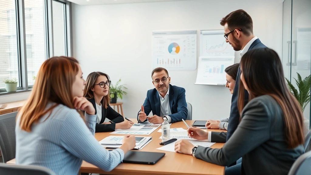 Group of business professionals in meeting room having discussion about marketing strategy and sales opportunities, collaborative workplace setting with charts visible
